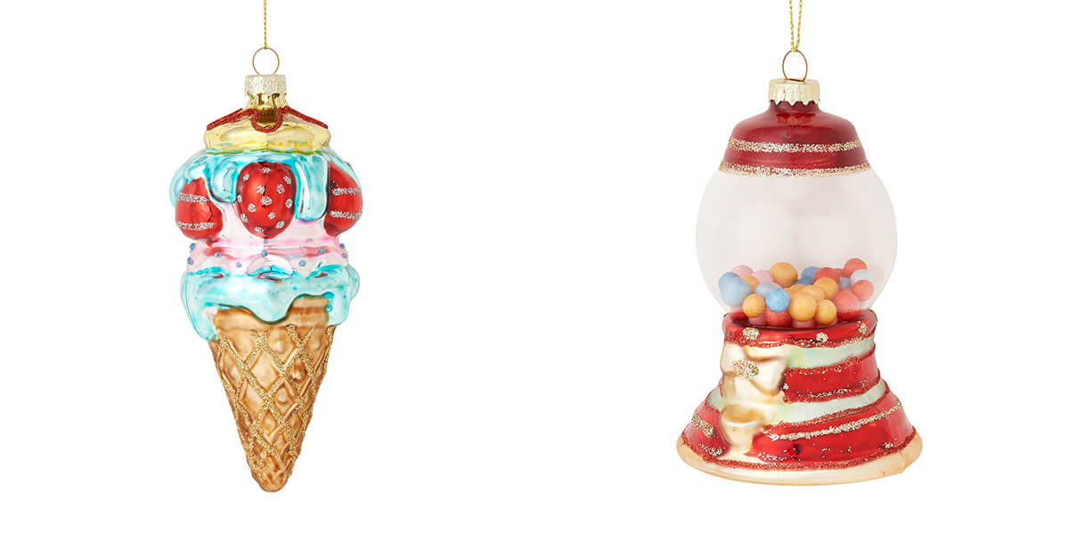 Francfranc(フランフラン)の「Sweets!Sweets!Christmas」のガラスオーナメント アイスクリーム マルチ、キャンディボックス／各¥1,200(税込み)